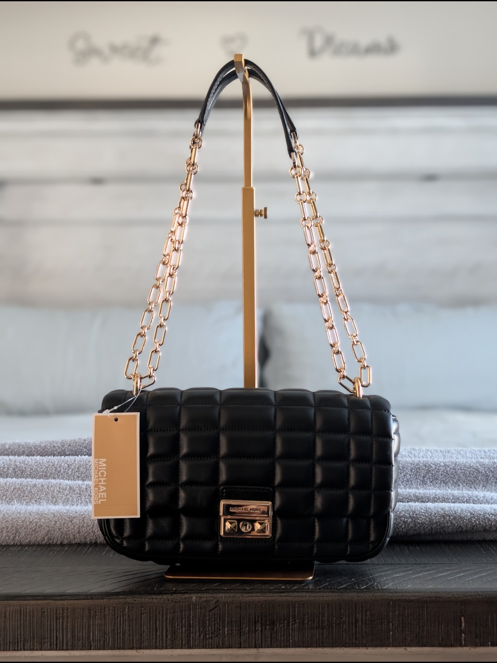 Michael Kors Quilted Black Leather Tribeca Shoulder Crossbody Bag NWT